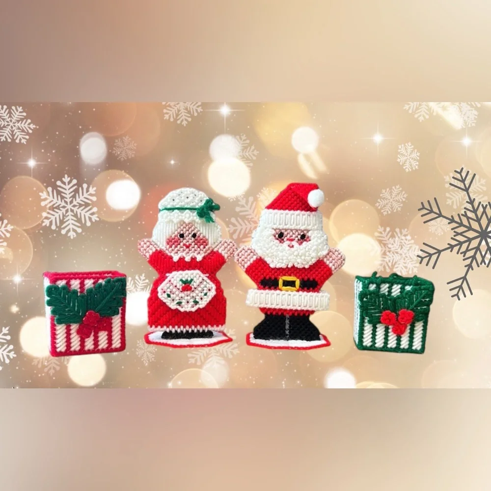 Vintage Christmas Santa & Mrs. Santa Claus Needlepoint Standing Figures Presents